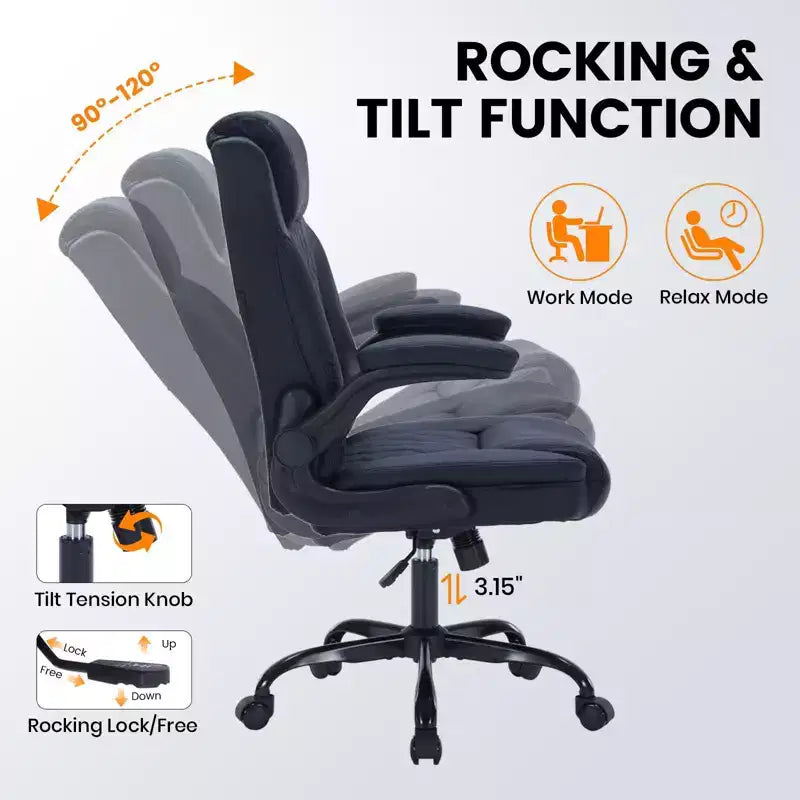 Chaise de bureau en cuir 160kg - Fauteuil de bureau ergonomique avec support lombaire réglable et accoudoirs relevables