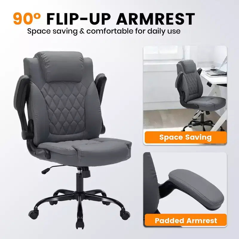 Chaise de bureau en cuir 160kg - Fauteuil de bureau ergonomique avec support lombaire réglable et accoudoirs relevables
