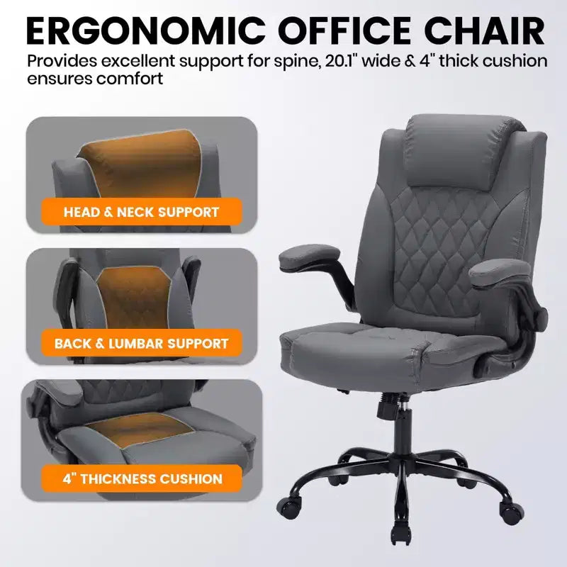 Chaise de bureau en cuir 160kg - Fauteuil de bureau ergonomique avec support lombaire réglable et accoudoirs relevables