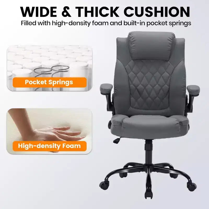 Chaise de bureau en cuir 160kg - Fauteuil de bureau ergonomique avec support lombaire réglable et accoudoirs relevables