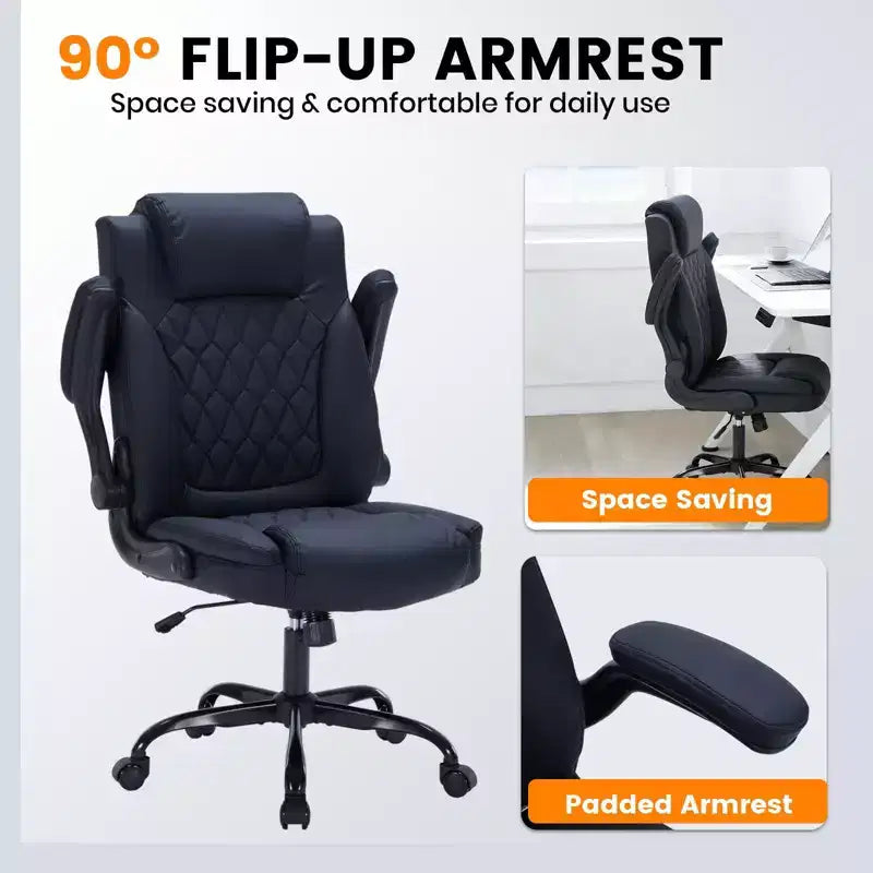 Chaise de bureau en cuir 160kg - Fauteuil de bureau ergonomique avec support lombaire réglable et accoudoirs relevables