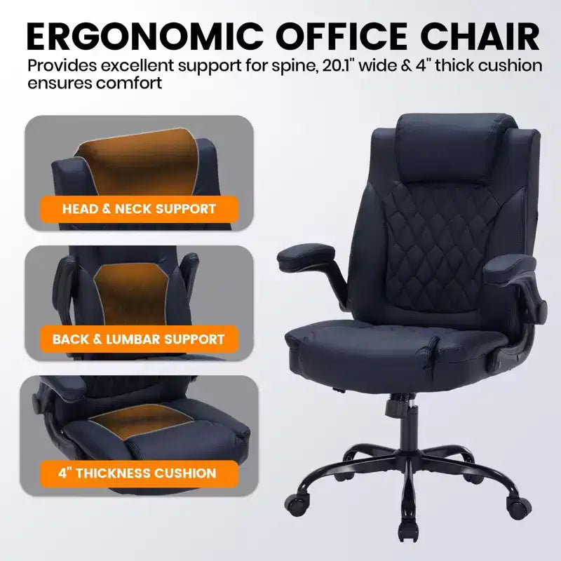 Chaise de bureau en cuir 160kg - Fauteuil de bureau ergonomique avec support lombaire réglable et accoudoirs relevables