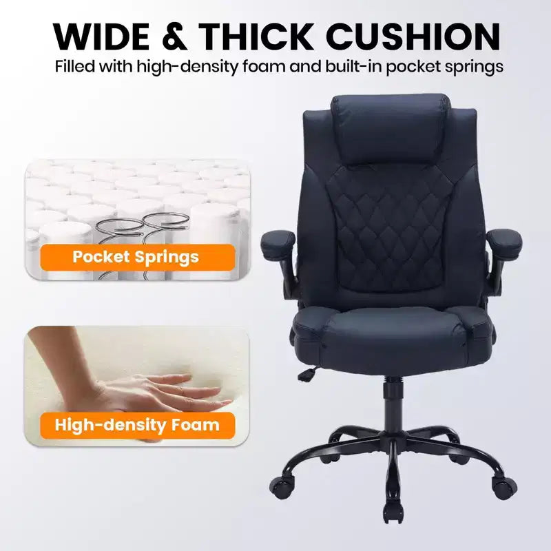 Chaise de bureau en cuir 160kg - Fauteuil de bureau ergonomique avec support lombaire réglable et accoudoirs relevables