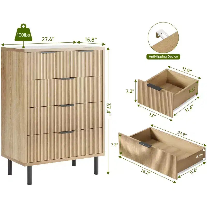 COZONY Commode cannelée à 5 tiroirs, en bois moderne avec tiroirs larges et pieds en métal, Chêne naturel