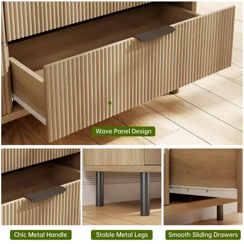 COZONY Commode cannelée à 5 tiroirs, en bois moderne avec tiroirs larges et pieds en métal, Chêne naturel