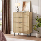COZONY Commode cannelée à 5 tiroirs, en bois moderne avec tiroirs larges et pieds en métal, Chêne naturel