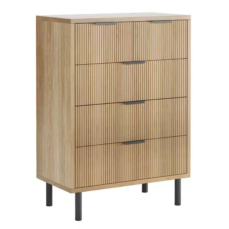 COZONY Commode cannelée à 5 tiroirs, en bois moderne avec tiroirs larges et pieds en métal, Chêne naturel