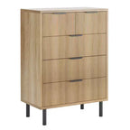 COZONY Commode cannelée à 5 tiroirs, en bois moderne avec tiroirs larges et pieds en métal, Chêne naturel