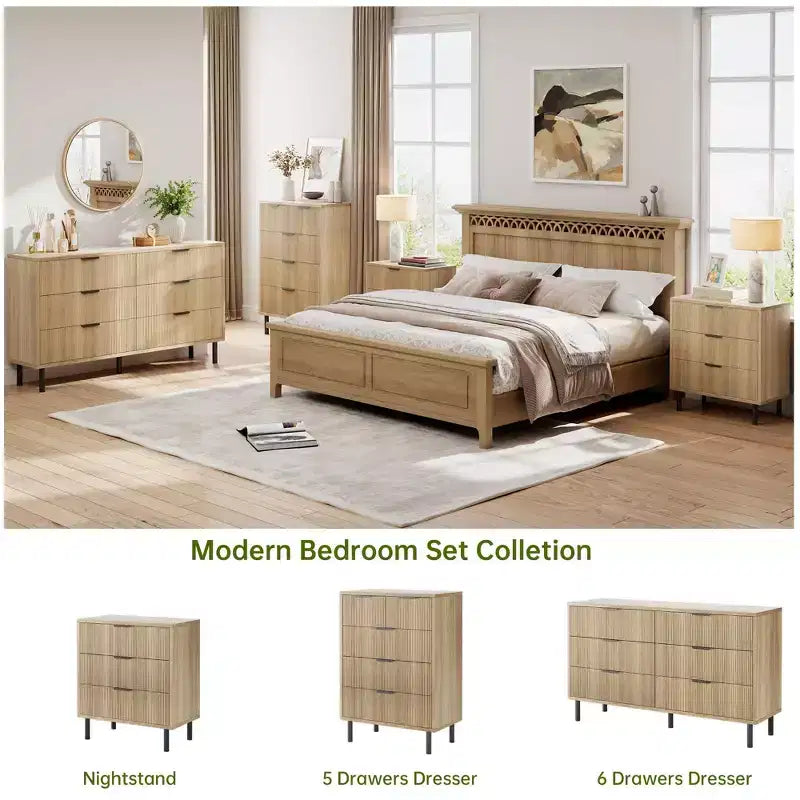 COZONY Commode cannelée à 5 tiroirs, en bois moderne avec tiroirs larges et pieds en métal, Chêne naturel