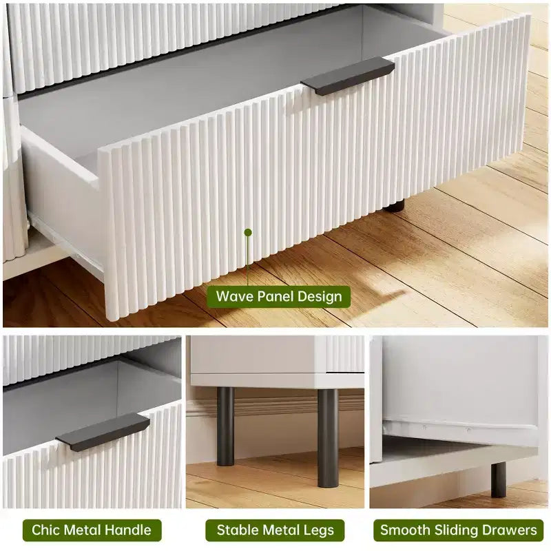 COZONY Commode cannelée à 5 tiroirs, en bois moderne avec tiroirs larges et pieds en métal, Chêne naturel