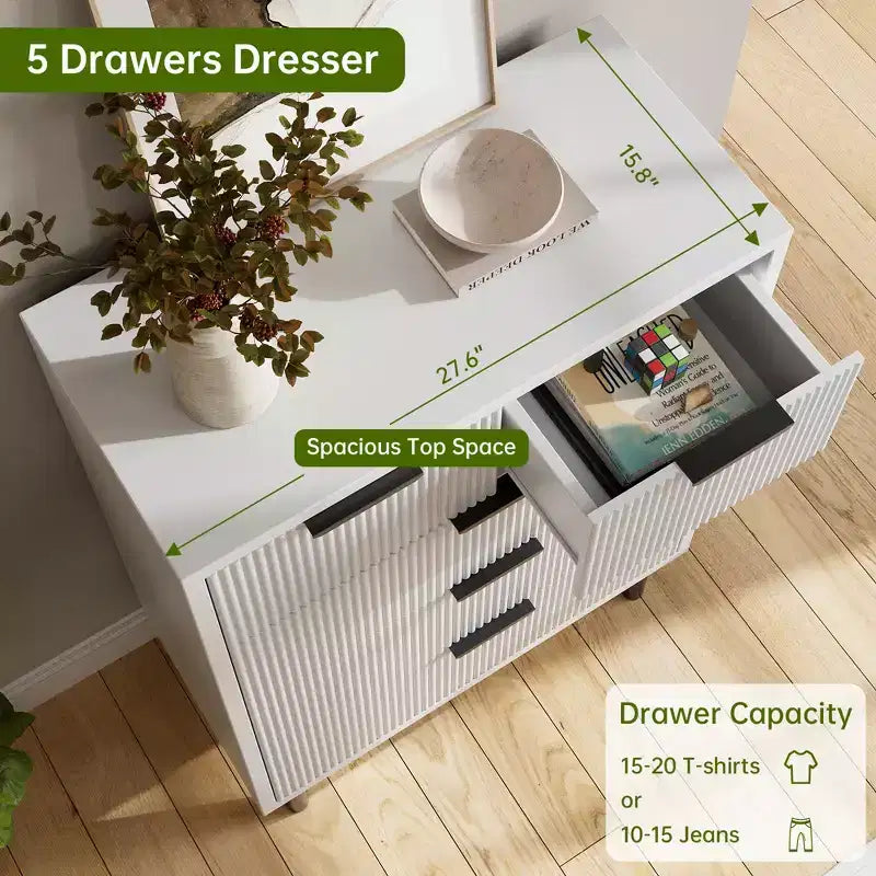 COZONY Commode cannelée à 5 tiroirs, en bois moderne avec tiroirs larges et pieds en métal, Chêne naturel
