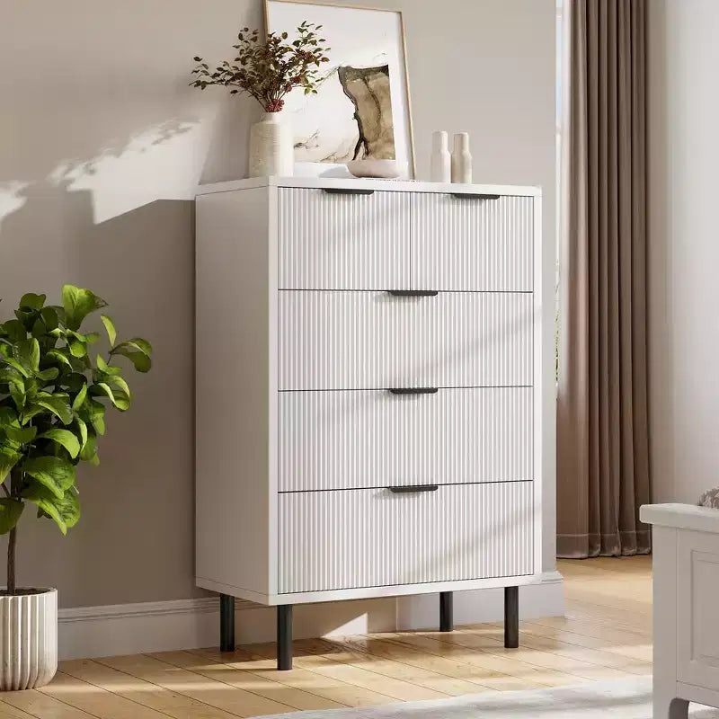 COZONY Commode cannelée à 5 tiroirs, en bois moderne avec tiroirs larges et pieds en métal, Chêne naturel