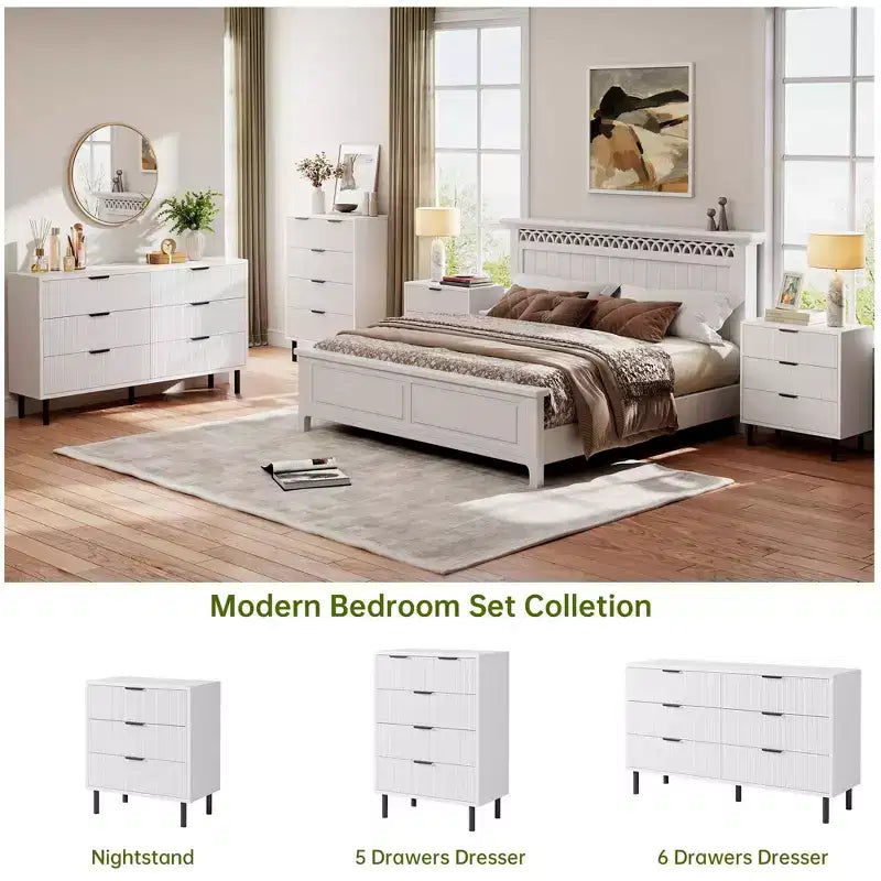 COZONY Commode cannelée à 5 tiroirs, en bois moderne avec tiroirs larges et pieds en métal, Chêne naturel