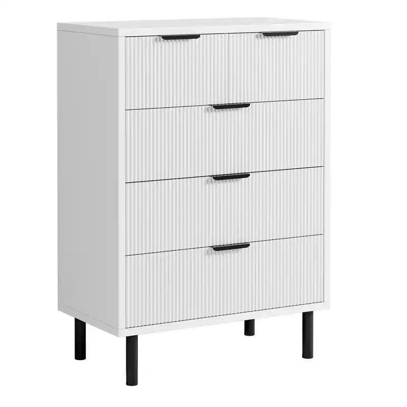 COZONY Commode cannelée à 5 tiroirs, en bois moderne avec tiroirs larges et pieds en métal, Chêne naturel