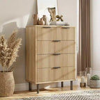 COZONY Commode cannelée à 5 tiroirs, en bois moderne avec tiroirs larges et pieds en métal, Chêne naturel