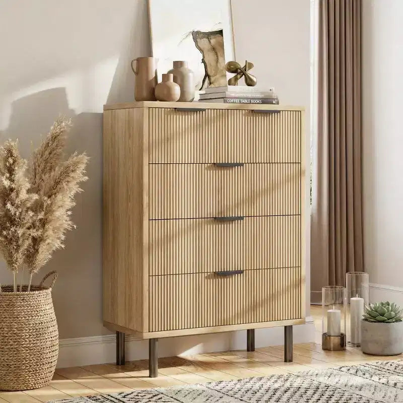 COZONY Commode cannelée à 5 tiroirs, en bois moderne avec tiroirs larges et pieds en métal, Chêne naturel