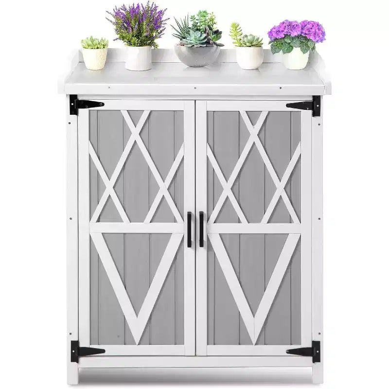 Table de rempotage d'extérieur étanche, avec plateau en métal galvanisé, étagères réglables, doubles portes, armoire de rangement, station de travail de jardin polyvalente