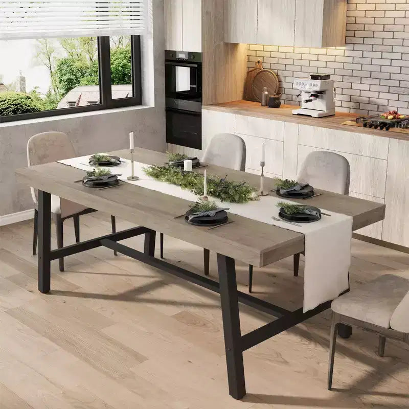 Table de salle à manger moderne industrielle pour 6-8 personnes, table rectangulaire en bois avec pieds métalliques robustes, montage facile, pour cuisine, salle à manger, appartement