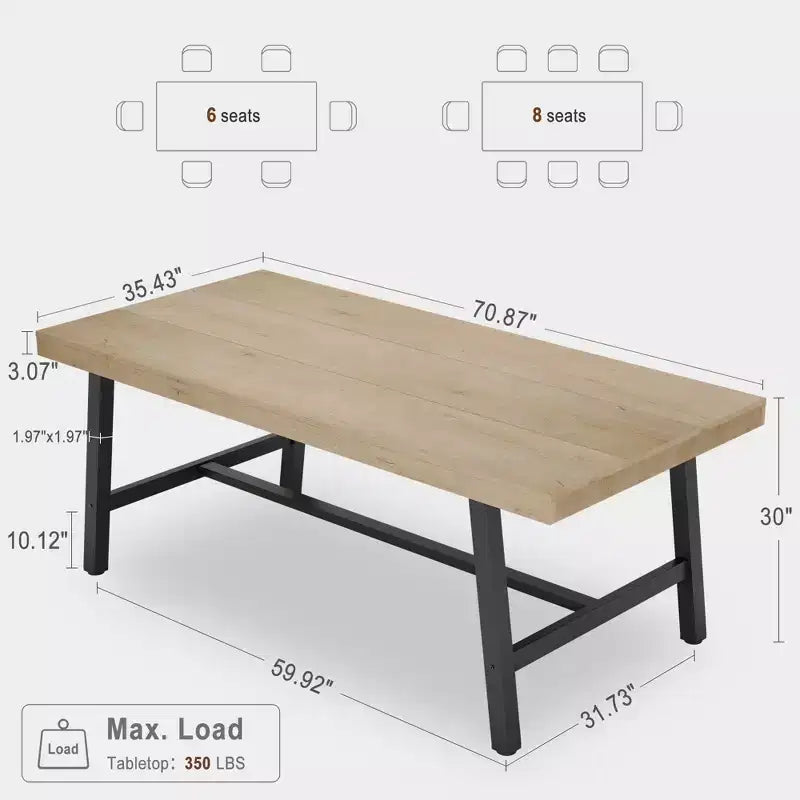 Table de salle à manger moderne industrielle pour 6-8 personnes, table rectangulaire en bois avec pieds métalliques robustes, montage facile, pour cuisine, salle à manger, appartement