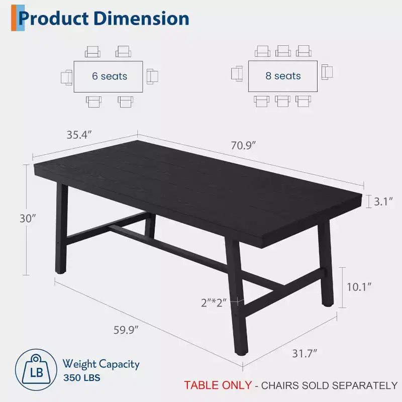 Table de salle à manger moderne industrielle pour 6-8 personnes, table rectangulaire en bois avec pieds métalliques robustes, montage facile, pour cuisine, salle à manger, appartement