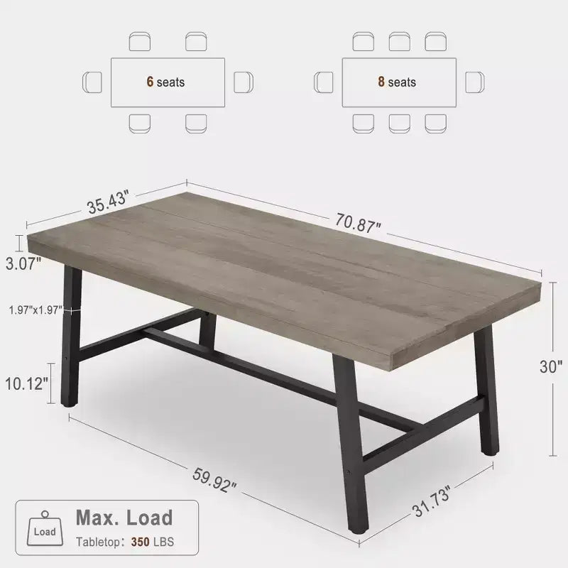 Table de salle à manger moderne industrielle pour 6-8 personnes, table rectangulaire en bois avec pieds métalliques robustes, montage facile, pour cuisine, salle à manger, appartement