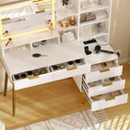 Coiffeuse de maquillage avec lumières, miroir éclairé HD de 24 pouces, 5 tiroirs, prise de courant et ports USB, table de chevet cannelée avec étagère de rangement, blanc