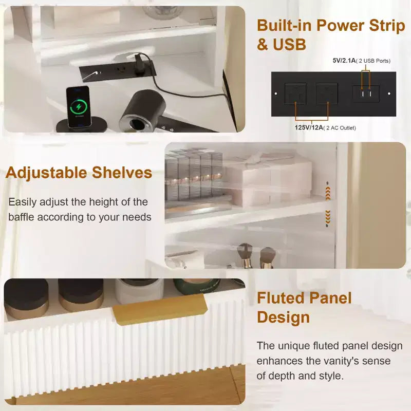 Coiffeuse de maquillage avec lumières, miroir éclairé HD de 24 pouces, 5 tiroirs, prise de courant et ports USB, table de chevet cannelée avec étagère de rangement, blanc