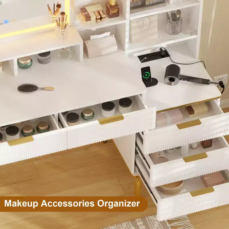 Coiffeuse de maquillage avec lumières, miroir éclairé HD de 24 pouces, 5 tiroirs, prise de courant et ports USB, table de chevet cannelée avec étagère de rangement, blanc