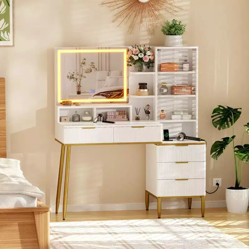 Coiffeuse de maquillage avec lumières, miroir éclairé HD de 24 pouces, 5 tiroirs, prise de courant et ports USB, table de chevet cannelée avec étagère de rangement, blanc