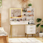 Coiffeuse de maquillage avec lumières, miroir éclairé HD de 24 pouces, 5 tiroirs, prise de courant et ports USB, table de chevet cannelée avec étagère de rangement, blanc