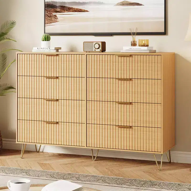 Commode à 8 tiroirs cannelés Acekool pour chambre à coucher, large commode moderne en bois et meuble TV pour salon et couloir