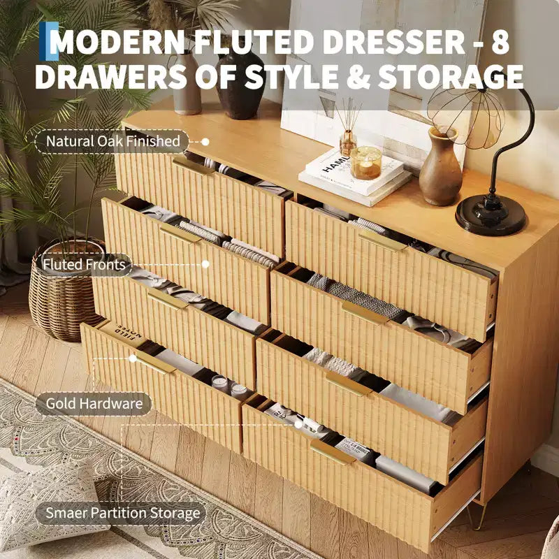 Commode à 8 tiroirs cannelés Acekool pour chambre à coucher, large commode moderne en bois et meuble TV pour salon et couloir