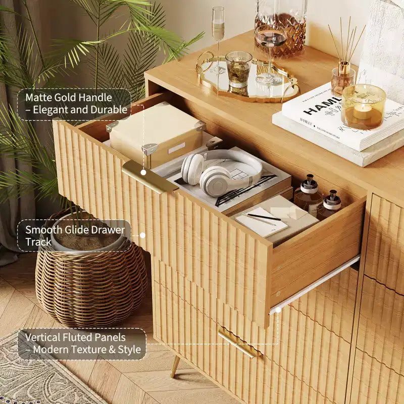 Commode à 8 tiroirs cannelés Acekool pour chambre à coucher, large commode moderne en bois et meuble TV pour salon et couloir