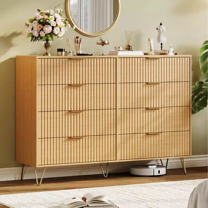 Commode à 8 tiroirs cannelés Acekool pour chambre à coucher, large commode moderne en bois et meuble TV pour salon et couloir
