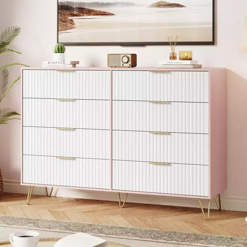 Commode à 8 tiroirs cannelés Acekool pour chambre à coucher, large commode moderne en bois et meuble TV pour salon et couloir