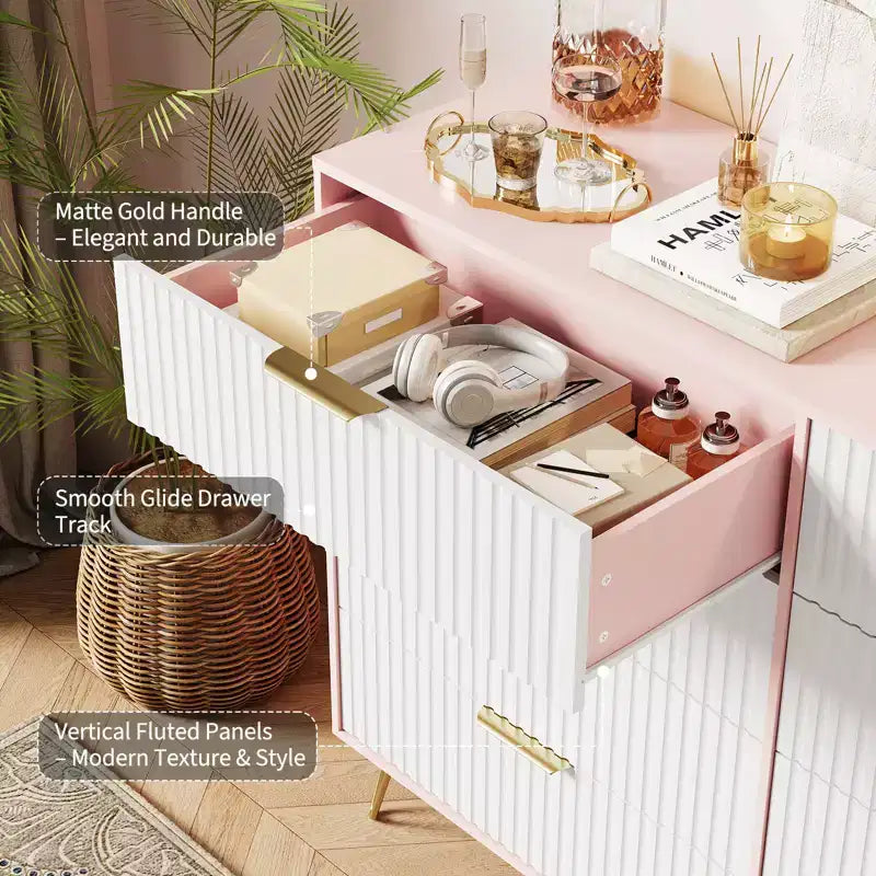 Commode à 8 tiroirs cannelés Acekool pour chambre à coucher, large commode moderne en bois et meuble TV pour salon et couloir