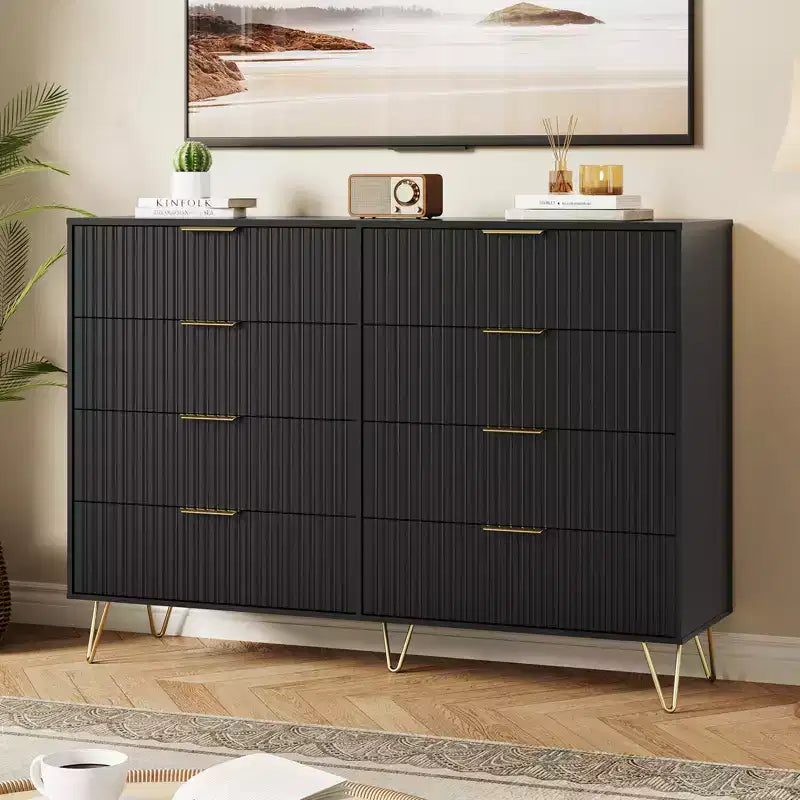 Commode à 8 tiroirs cannelés Acekool pour chambre à coucher, large commode moderne en bois et meuble TV pour salon et couloir