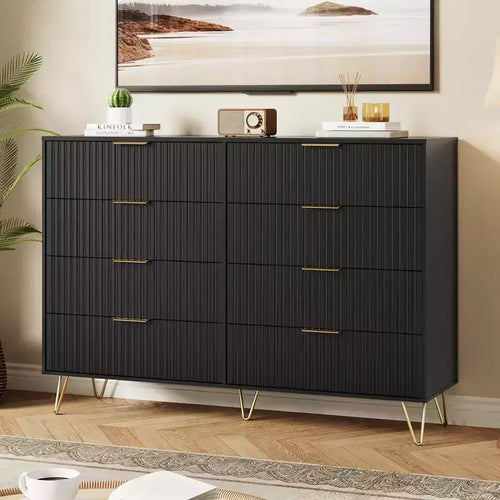 Commode à 8 tiroirs cannelés Acekool pour chambre à coucher, large commode moderne en bois et meuble TV pour salon et couloir