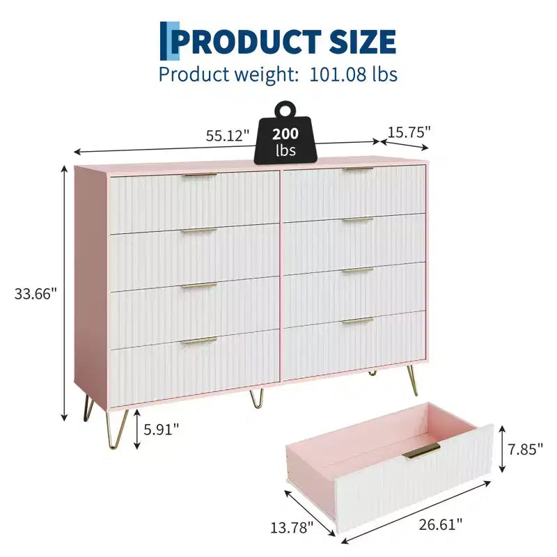 Commode à 8 tiroirs cannelés Acekool pour chambre à coucher, large commode moderne en bois et meuble TV pour salon et couloir