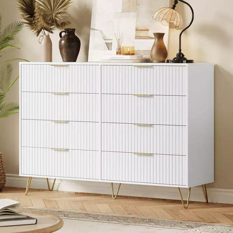 Commode à 8 tiroirs cannelés Acekool pour chambre à coucher, large commode moderne en bois et meuble TV pour salon et couloir