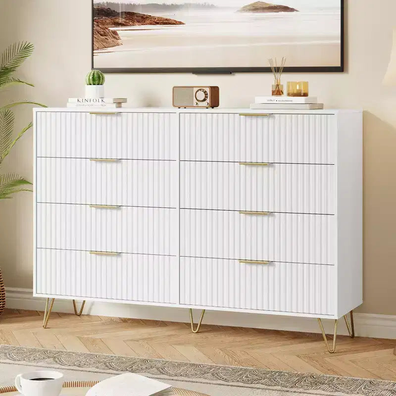 Commode à 8 tiroirs cannelés Acekool pour chambre à coucher, large commode moderne en bois et meuble TV pour salon et couloir