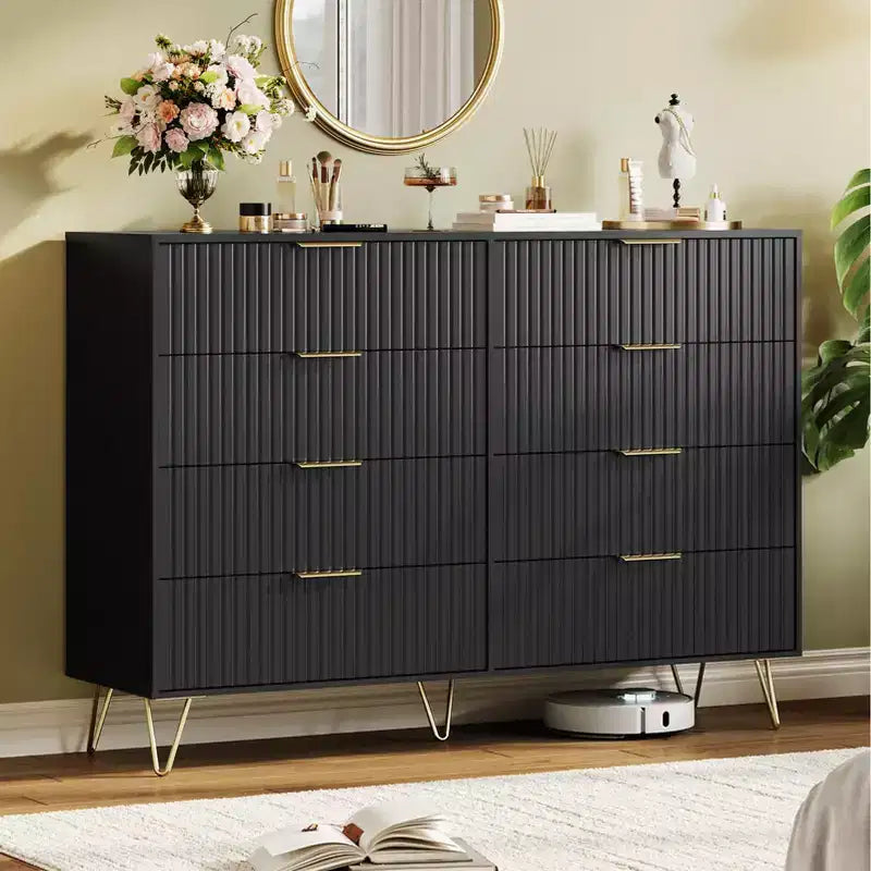 Commode à 8 tiroirs cannelés Acekool pour chambre à coucher, large commode moderne en bois et meuble TV pour salon et couloir
