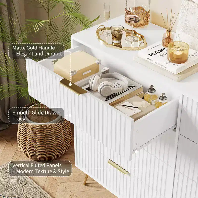 Commode à 8 tiroirs cannelés Acekool pour chambre à coucher, large commode moderne en bois et meuble TV pour salon et couloir
