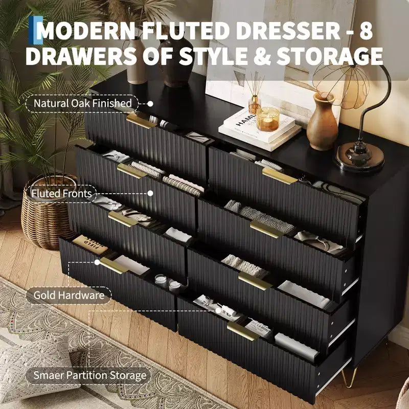 Commode à 8 tiroirs cannelés Acekool pour chambre à coucher, large commode moderne en bois et meuble TV pour salon et couloir