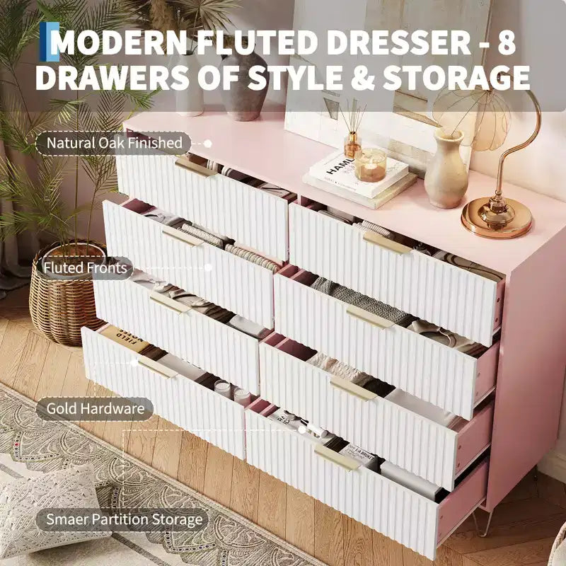 Commode à 8 tiroirs cannelés Acekool pour chambre à coucher, large commode moderne en bois et meuble TV pour salon et couloir
