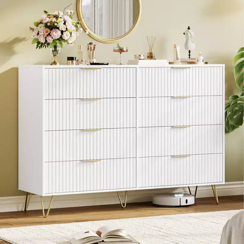 Commode à 8 tiroirs cannelés Acekool pour chambre à coucher, large commode moderne en bois et meuble TV pour salon et couloir