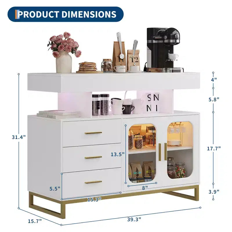 Bahut buffet moderne avec lumières LED RVB à capteur automatique et station de recharge intégrée, table de bar à café avec rangement