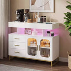 Bahut buffet moderne avec lumières LED RVB à capteur automatique et station de recharge intégrée, table de bar à café avec rangement