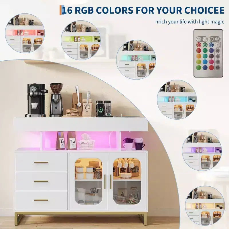 Bahut buffet moderne avec lumières LED RVB à capteur automatique et station de recharge intégrée, table de bar à café avec rangement