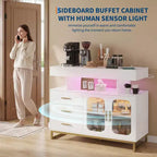 Bahut buffet moderne avec lumières LED RVB à capteur automatique et station de recharge intégrée, table de bar à café avec rangement